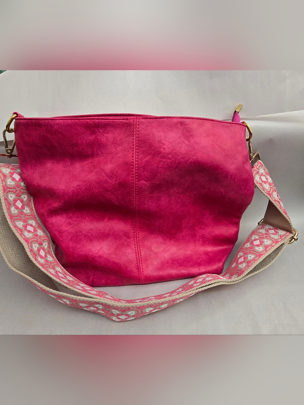 Women’s Pink Shoulder Bag with Patterned Strap